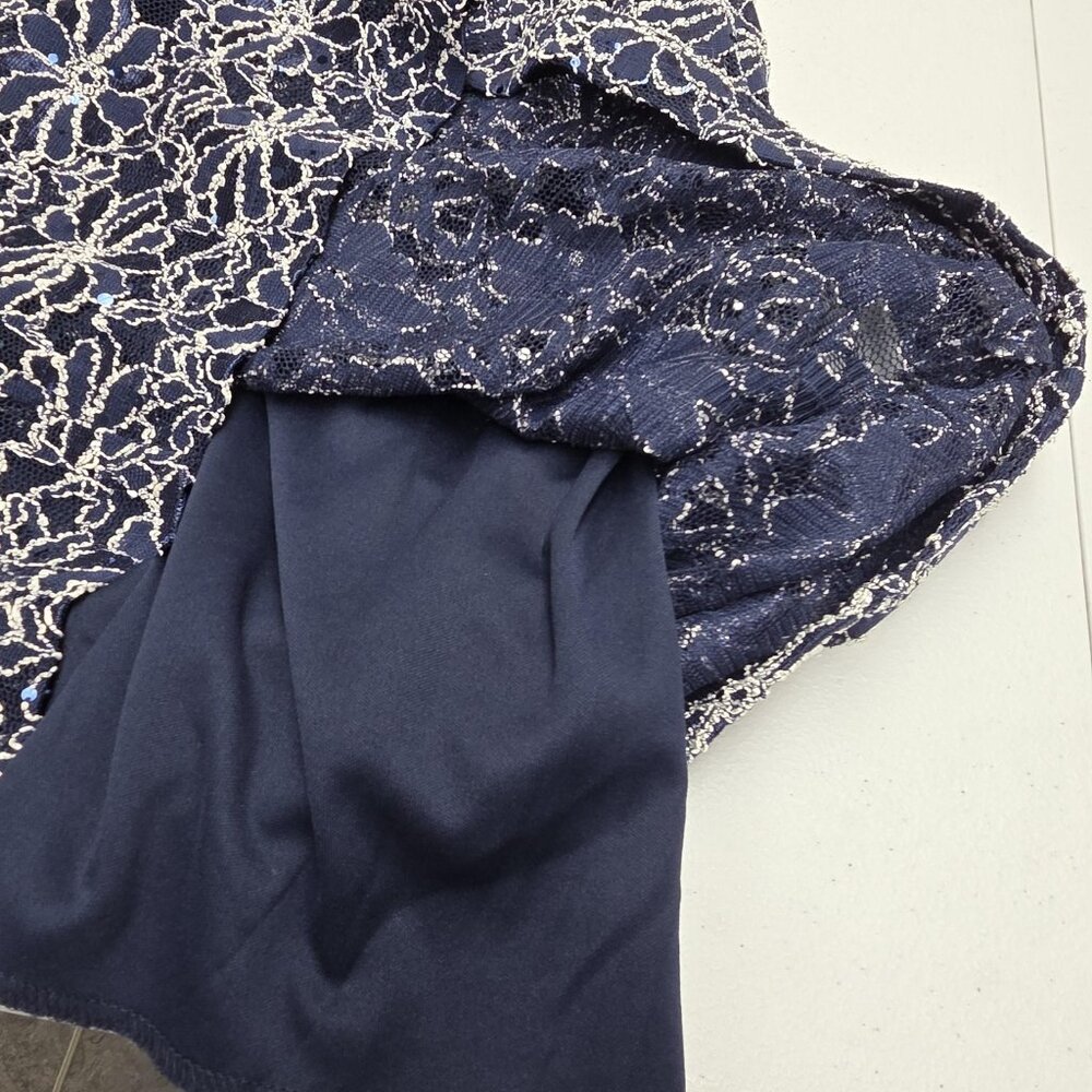 Roz & Ali Dress Womens 14 Navy Blue Lace Floral Sequin Sheath V Neck Cap Sleeve - Picture 8 of 12
